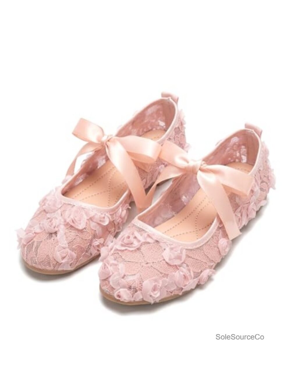 Lace Ballet Flats with 3D Rose Flowers & Ribbon Bowknot, Breathable Mesh Mary